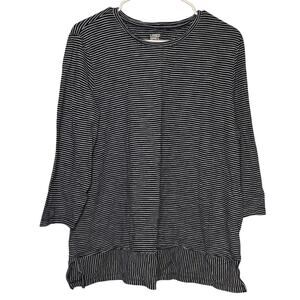 Lands End Striped Tunic Top Black White Layered Hem Side Slits 3/4 Sleeve L